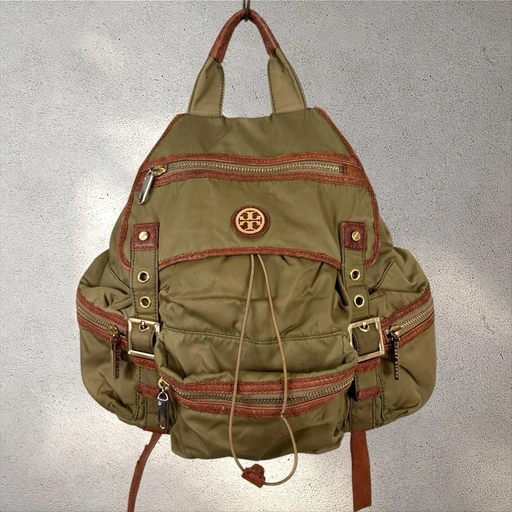 Tory Burch Green Nylon Leather Backpack Zippered Drawstring